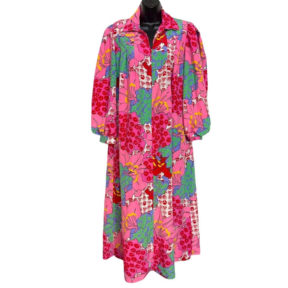 Vtg 70s David Brown Duster Robe XL Pink Psychedelic Floral Hostess Maxi Dress XS